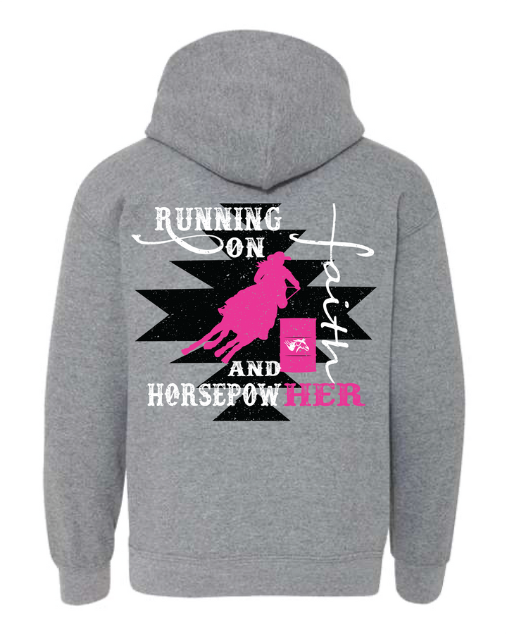 Running on Faith and HorsepowHer Barrel Youth Hoodie